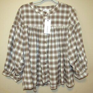 Anniewear Los Angeles Plaid Brown and White Women's Top